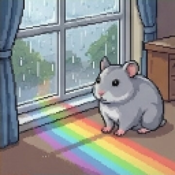 Gray Hamster Watching Rainbow Through Window, Pixel Art Illustration