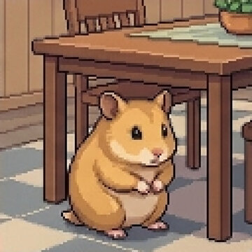 Hamster Sitting Under Wooden Table, Pixel Art Illustration