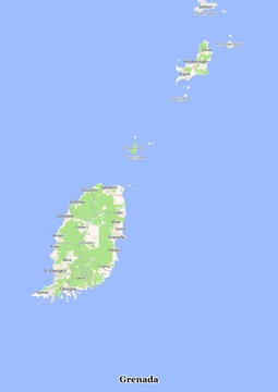 Clean vector map of Grenada showing main island, Carriacou, Petite Martinique, St. George's capital, road networks, and soft blue ocean background.
