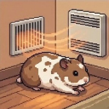 Hamster Resting Near Heater, Pixel Art Illustration