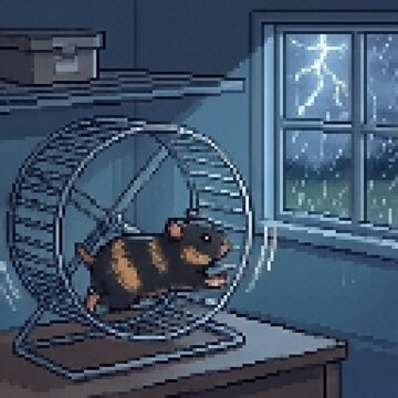 Hamster Running on Wheel During Thunderstorm at Night, Pixel Art Illustration