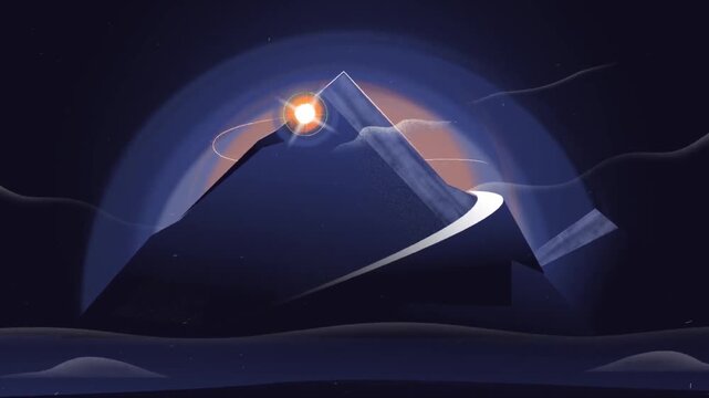 Glowing sun orb orbiting mountain peak in this smooth minimalist vector animation clip showing circular motion at night sky scene