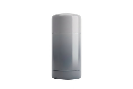 Frasco de desodorante em bast&atilde;o cinza fosco com design minimalista, isolado em fundo branco, ideal para mockups de produtos de higiene pessoal, cuidados com a pele e embalagens cosm&eacute;ticas modernas.