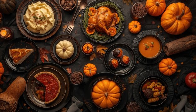 Thanksgiving Feast Spread: A bountiful spread of traditional Thanksgiving dishes, including roasted turkey, mashed potatoes, pumpkin pie, and various autumnal delights.