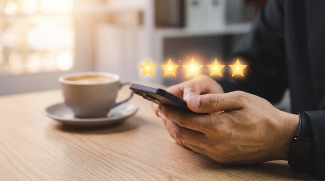 Close up of customer hands holding smartphone giving five star rating review online, glowing golden stars floating above device representing excellent service satisfaction