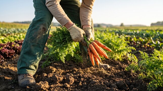 Farmer wearing work clothes and gloves, with freshly harvested organic carrots, pulling root vegetables from soil, in a rural farm field, agriculture photography