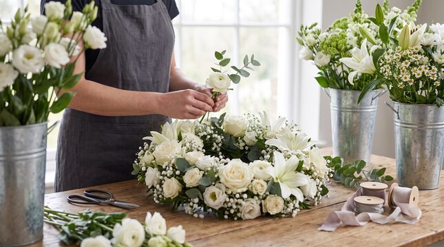 Florist wearing dark apron, with white roses lilies and foliage, assembling floral wreath on workbench, in a bright flower shop studio, craft photography