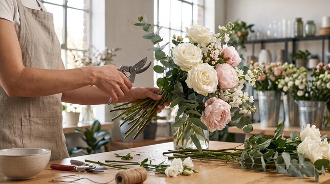 Floral designer wearing apron, with bouquet of pink peonies and white roses, trimming plant stems with pruning shears, in a spacious flower workshop, botanical studio photography