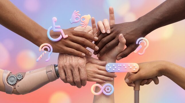 International day of sign languages diverse hands stacked together showing unity and communication accessibility icons with inclusion
