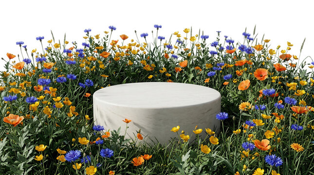 P&oacute;dio circular de pedra branca posicionado no centro de um jardim vibrante com flores silvestres azuis e laranjas, ideal para exibi&ccedil;&atilde;o de produtos, cosm&eacute;ticos ou joias com um toque natural e elegante.