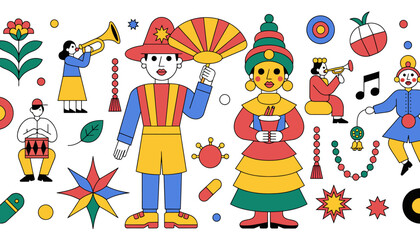 Fototapeta premium Vibrant cultural festival illustration with traditional dancers