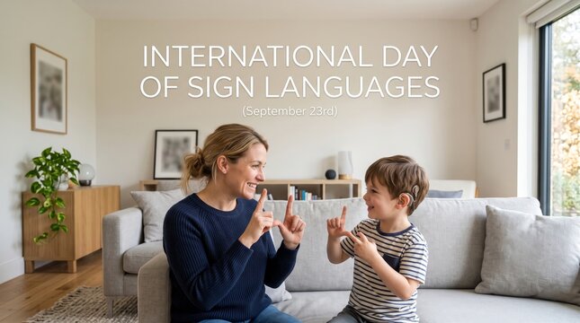 International day of sign languages mother and son signing together on a sofa in a bright living room with signlanguage
