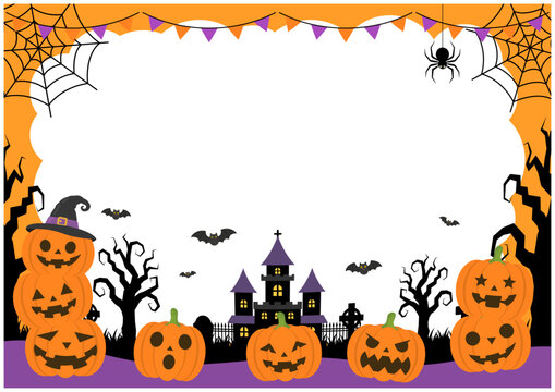 ハロウィンのかぼちゃと墓地、古城の横型フレームイラスト