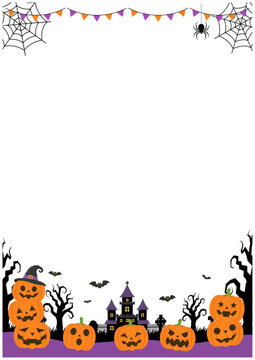 ハロウィンのジャックオーランタンと古城の縦型フレーム素材　背景透過