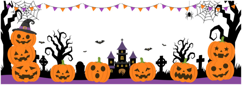 ハロウィンのジャックオーランタンと古城の横型フレーム素材　背景透過