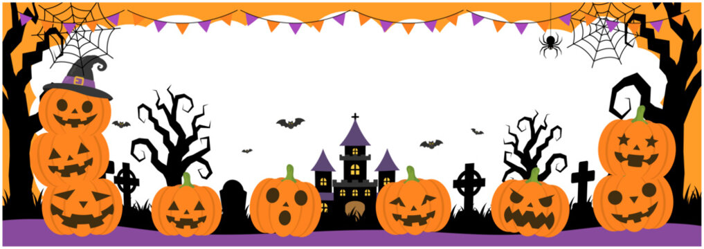 ハロウィンのジャックオーランタンと古城の横型フレーム背景
