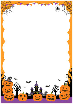 ハロウィンのジャックオーランタンと古城の縦型フレーム背景