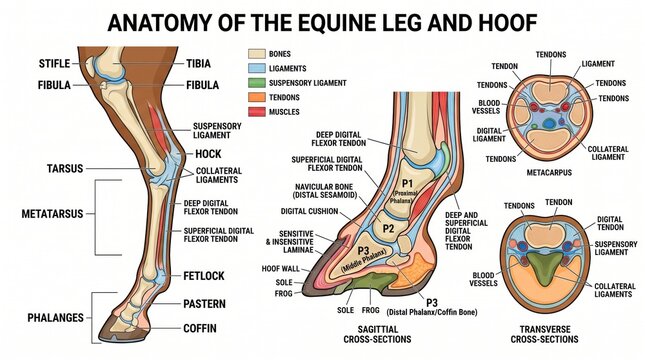 Detailed educational diagram of equine horse leg and hoof anatomy showing labeled structures