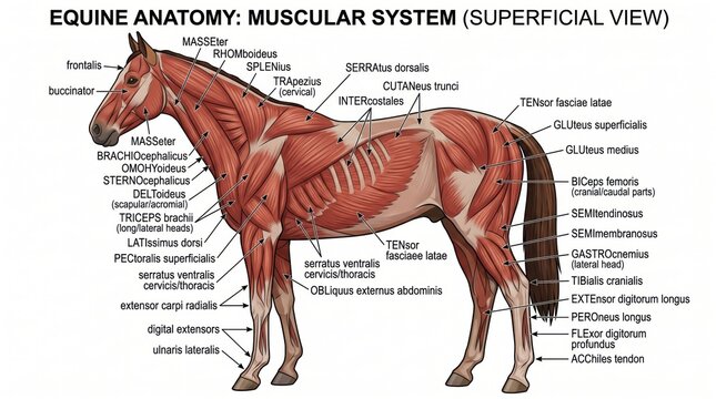 Equine muscular system anatomy diagram showing superficial view of horse muscles