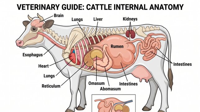 Veterinary guide showcasing detailed internal anatomy of a cattle diagram illustration