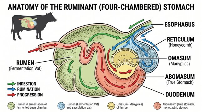Detailed anatomy diagram of a ruminant fourchambered cow stomach digestive system