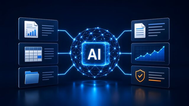 Artificial intelligence central hub integrating business analytics software connecting digital documents security and scheduling data