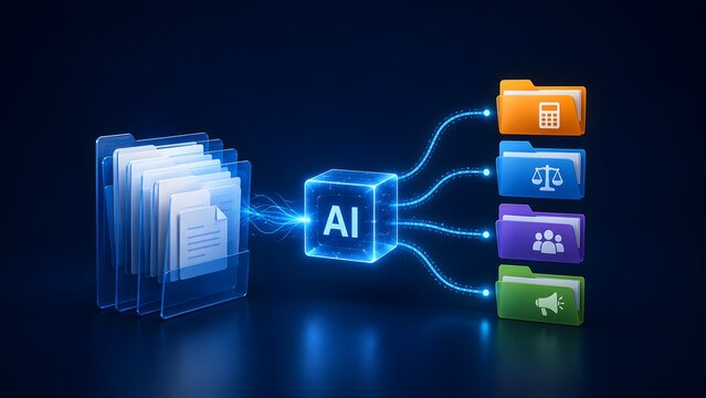 Artificial intelligence automated document sorting system classifying business data into finance legal and marketing digital folders