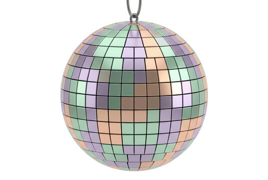 Uma bola de discoteca esf&eacute;rica com espelhos quadrados em tons past&eacute;is de verde, rosa e lil&aacute;s, isolada sobre um fundo branco puro, ideal para conceitos de festa, celebra&ccedil;&atilde;o, m&uacute;sica e vida noturna.