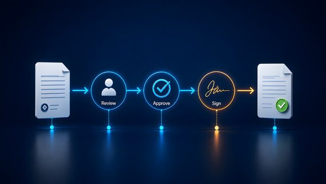 Electronic digital signature workflow process showing document review approval and final authorization contract agreement