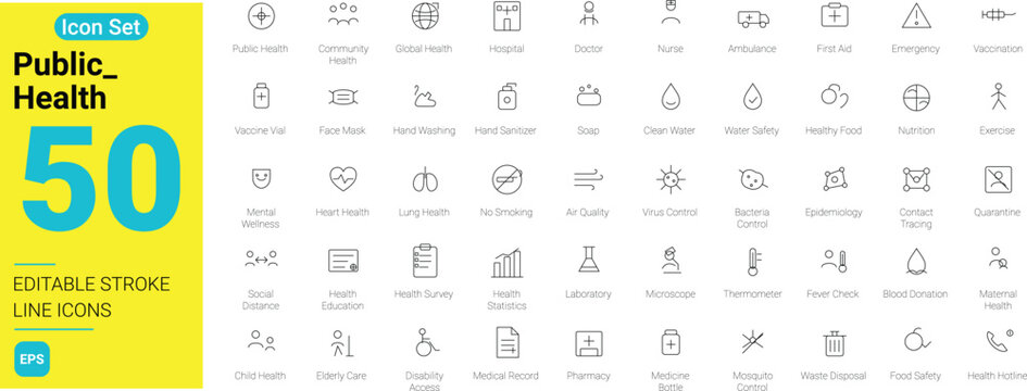 50 Public Health line icons set with editable stroke. Healthcare, medical emergency, epidemic control, community hygiene, and sanitation web symbols isolated on white background