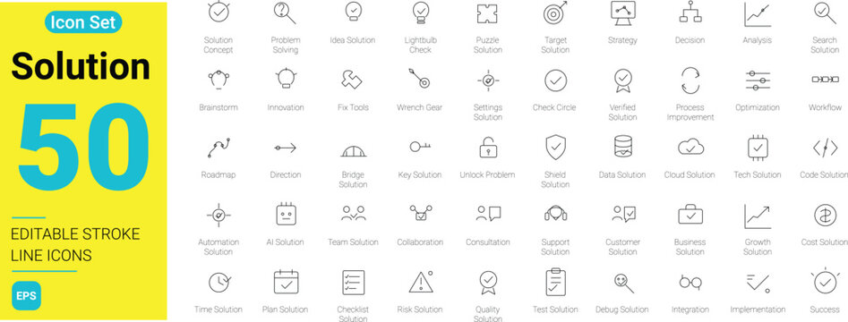 50 Solution line icons set with editable stroke. Problem solving, business strategy, tech innovation, optimization, and decision making web symbols isolated on white background