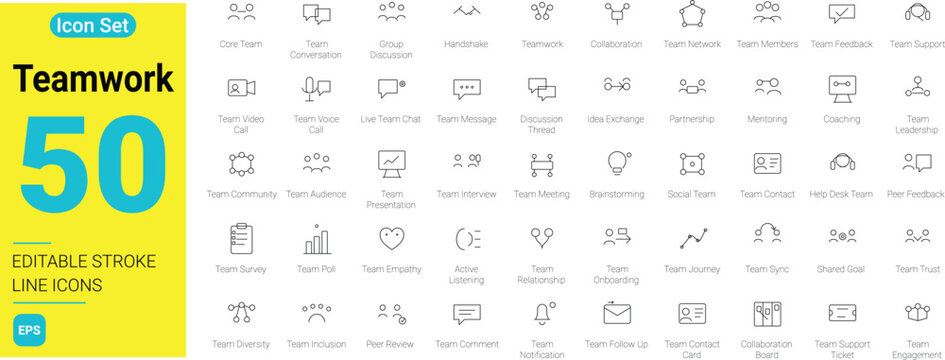 50 Teamwork line icons set with editable stroke. Business collaboration, team management, partnership, office communication, and workplace strategy web symbols