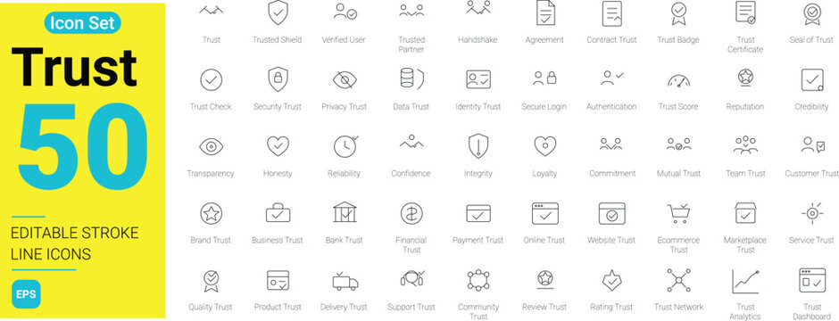 50 Trust line icons set with editable stroke. Business credibility, security badge, customer loyalty, verification, and guarantee web symbols isolated on white background