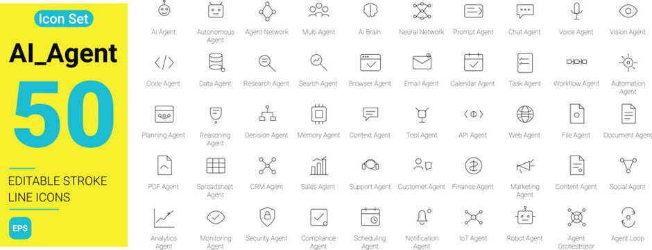 50 AI Agent line icons set with editable stroke. Artificial intelligence, autonomous agent, neural network, automation, and machine learning web symbols isolated on white background