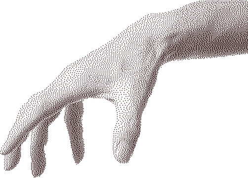 Vintage anatomical hand with splayed fingers in halftone dotted texture. Mixed media pop art collage element for grunge design.