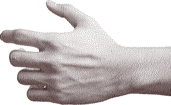 Retro halftone collage element of a cupped empty palm. Dotted pop art graphic for vintage grunge punk design templates.
