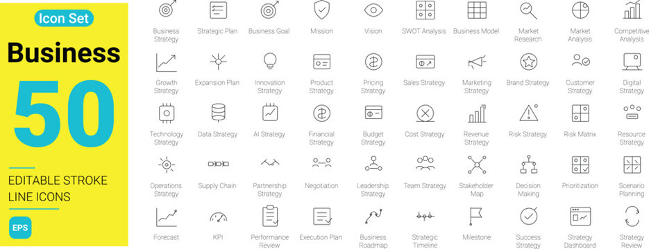 50 Business Strategy line icons set with editable stroke. Corporate planning, swot analysis, market research, revenue management, and execution roadmap web symbols isolated on white background