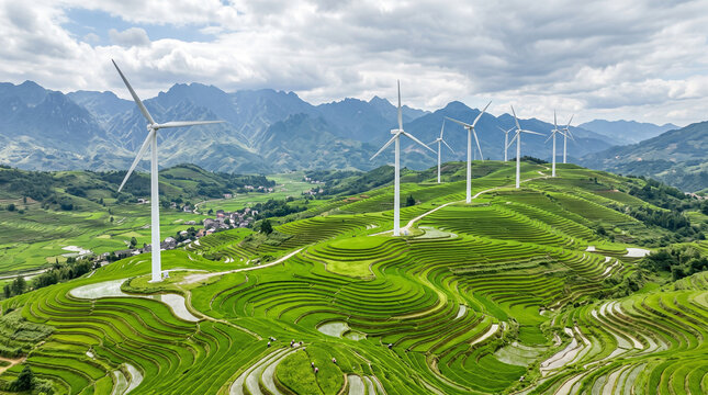 Aerial view of wind turbines installed on lush green terraced rice fields in a mountainous landscape under a cloudy sky in rural china