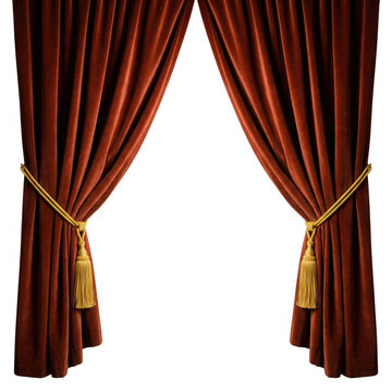 Cortinas de veludo vermelho escuro abertas com elegantes cord&otilde;es e borlas douradas, isoladas em fundo branco, ideais para moldura de palco ou teatro.