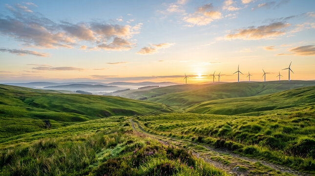 Scenic landscape of rolling green hills with a dirt path leading towards wind turbines under a beautiful golden sunset sky in the countryside