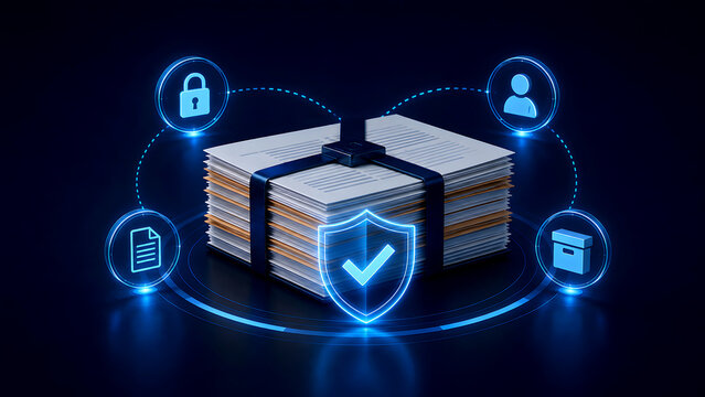 Secure digital document management concept with glowing holographic shield protecting confidential corporate paper archives