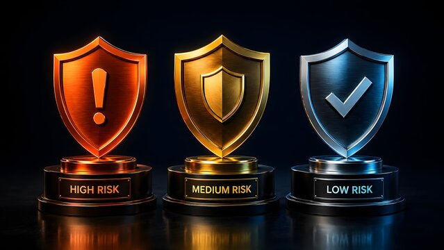 Cybersecurity defense tiers represented by premium metallic shields indicating high medium and low risk levels for corporate data protection