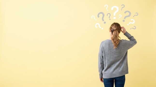 Confused woman scratching head with question marks floating above, expressing doubt, uncertainty, thinking hard about problem solving, decision making, brainstorming ideas
