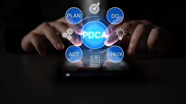 Hands Engaging with PDCA Model for Process Improvement on a Smartphone Screen in a Dark Environment. Bitwise.