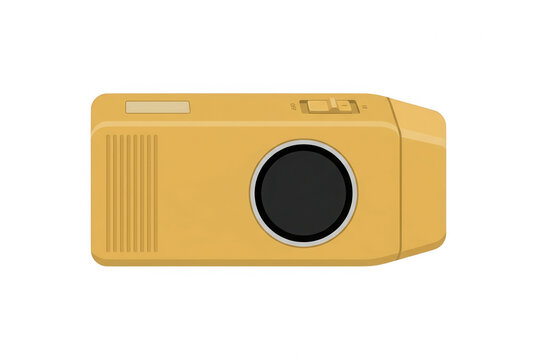Ilustra&ccedil;&atilde;o vetorial plana de um projetor de v&iacute;deo port&aacute;til de cor amarela, exibindo um design minimalista e moderno, isolado em um fundo branco, ideal para apresenta&ccedil;&otilde;es, cinema em casa e tecnologia.