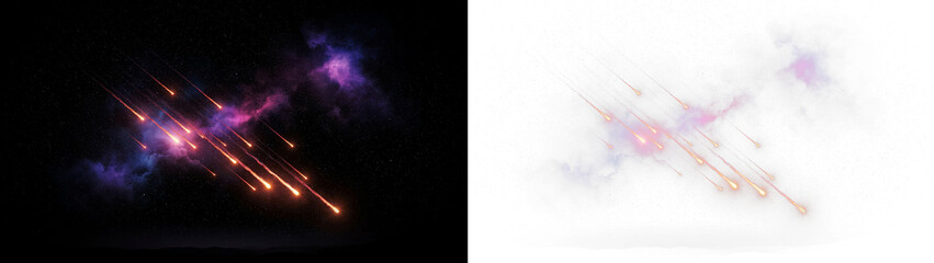 Fototapeta premium Meteor shower with glowing comets shooting across a starry galaxy with purple nebula, isolated on transparent background