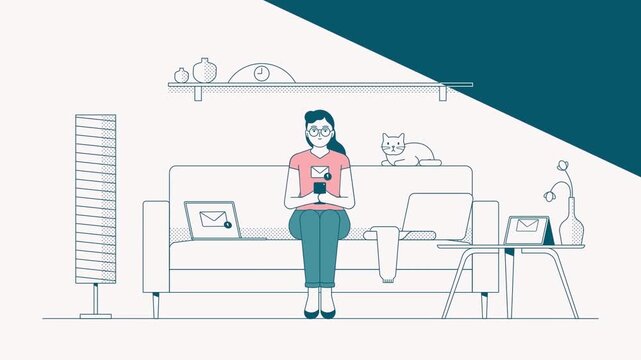 Woman sitting on couch using smartphone for email notification animation shows digital workflow interaction in modern flat vector illustration style