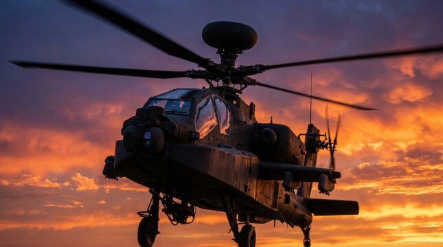 Silhouette of an Apache AH-64 helicopter flying in the sky against a vibrant sunset background with orange and purple clouds.