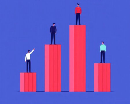 Diverse entrepreneurs climbing skyscrapershaped bar graphs