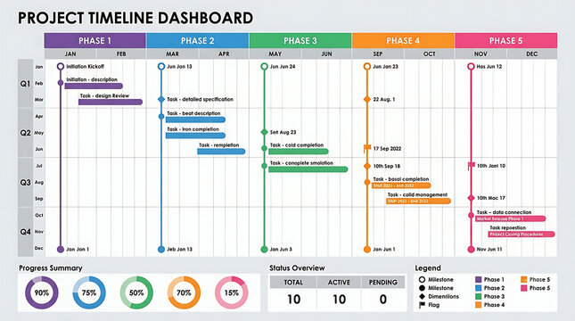 Project timeline dashboard with 5 phases, Gantt chart schedule for business management, colorful progress tracking infographic